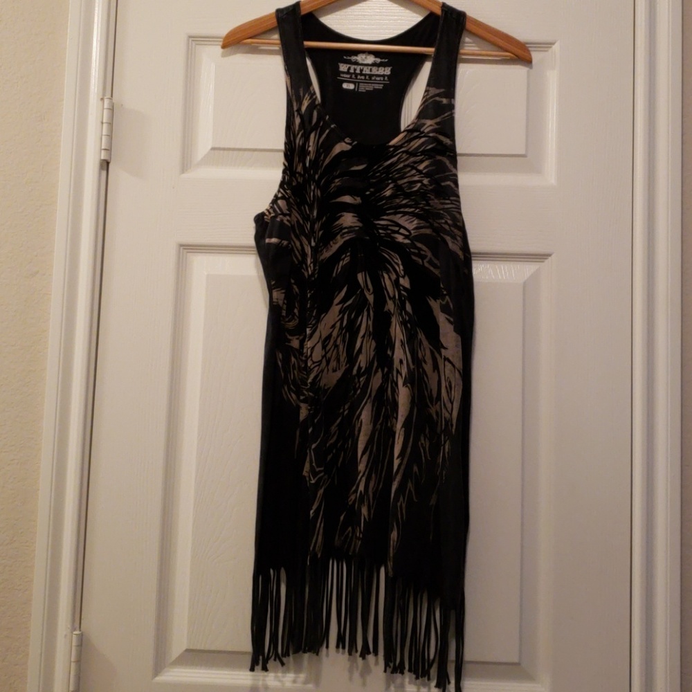 WITNESS graphic tank with long fringe